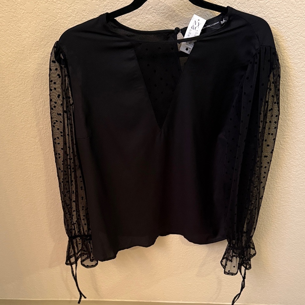 New York & Company Black Blouse with Sheer Polka Dot Sleeves